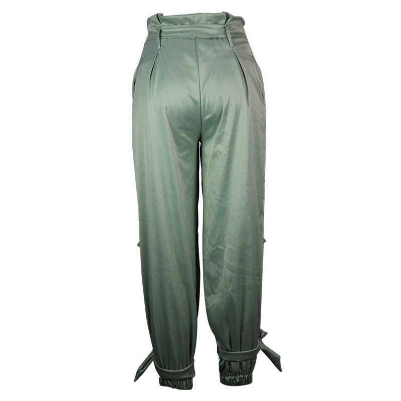 Women Pants Casual High Waist with Drawstring Fashionable Trousers Light Green Two Pockets Female Summer Autumn Girl Street Wear