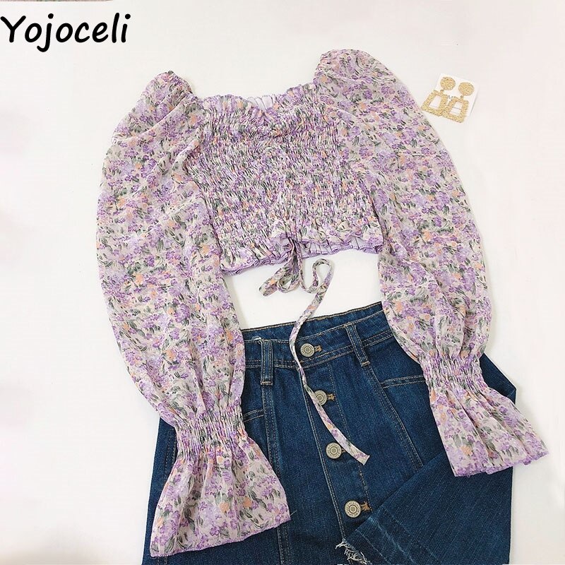 Yojoceli boho beach print blouses shirt women long sleeve ruffle short blouse tops female blusas