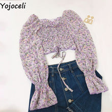 Yojoceli boho beach print blouses shirt women long sleeve ruffle short blouse tops female blusas