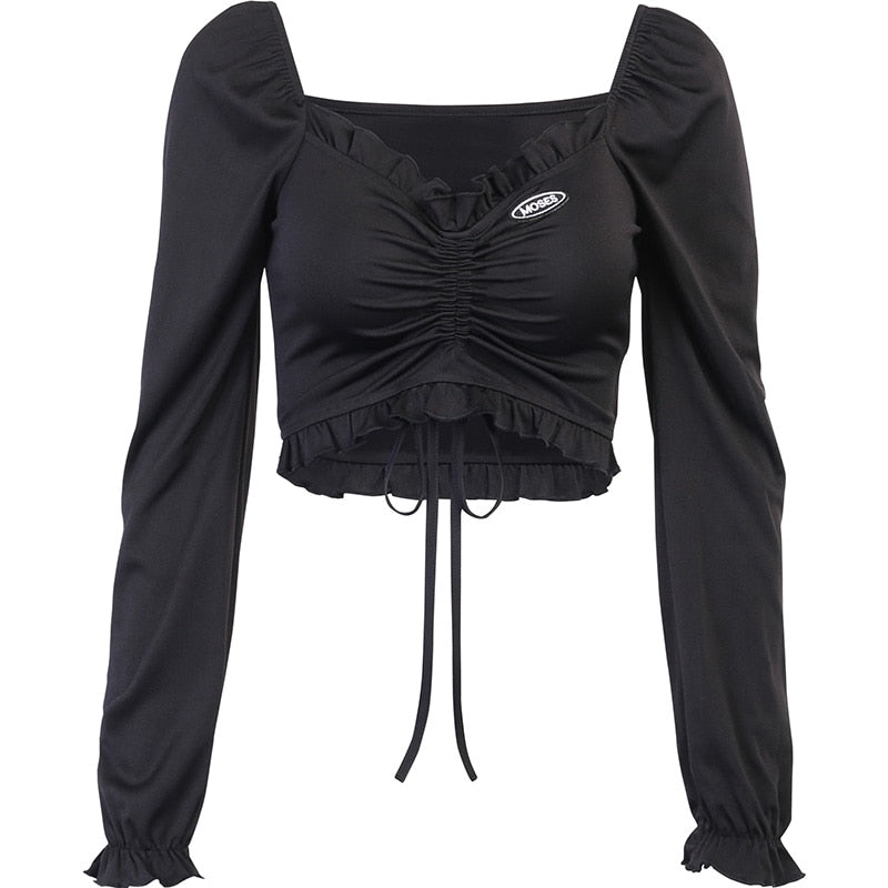 InsGoth Bandage Bodycon Long Sleeve Crop Tops Female Black V-neck Streetwear Punk Slim Tops Autumn Gothic Harajuku Top