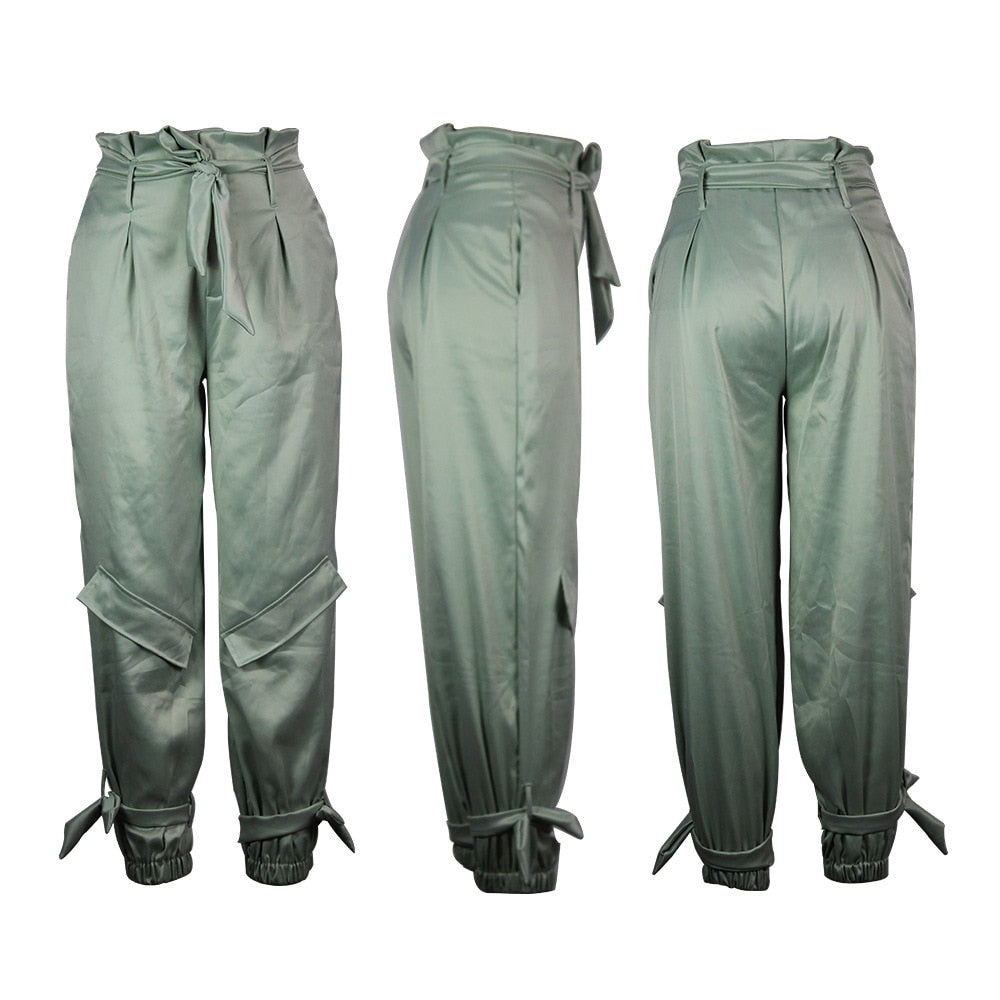 Women Pants Casual High Waist with Drawstring Fashionable Trousers Light Green Two Pockets Female Summer Autumn Girl Street Wear