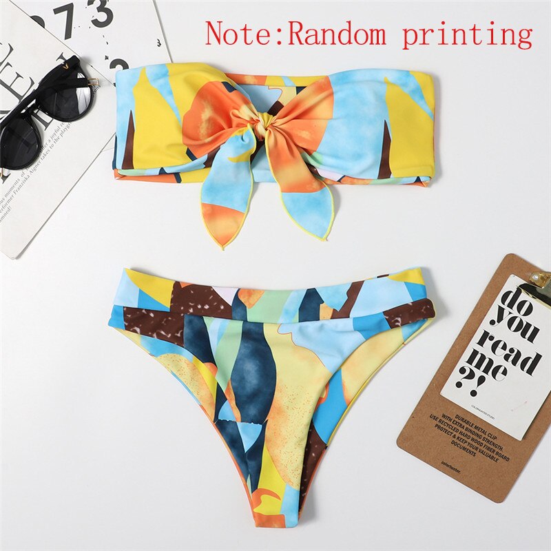 Mossha Brazilian high waist bikini 2021 Bandeau knot swimsuit Colorblock print swimwear women Sexy push bathing suit Beachwear