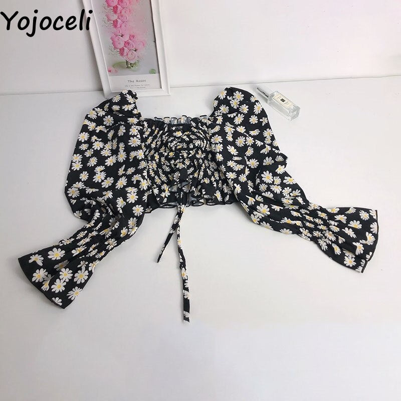 Yojoceli boho beach print blouses shirt women long sleeve ruffle short blouse tops female blusas