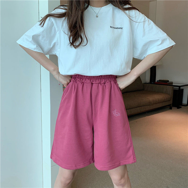 Harajuku Elastic High Waist Moon Embroidered Shorts Women Loose Sport Summer BF Casual Running Shorts Women Biker Baggy Short