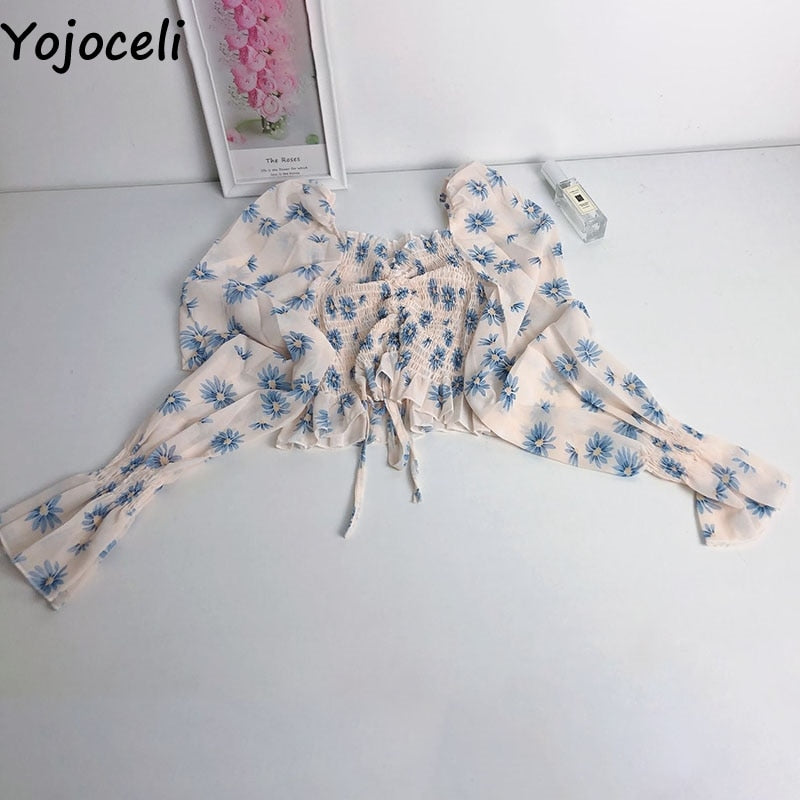 Yojoceli boho beach print blouses shirt women long sleeve ruffle short blouse tops female blusas