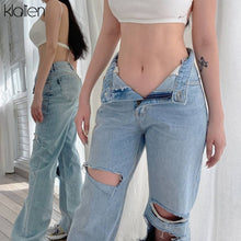 KLALIEN 2021 Spring Summer Fashion High Street Casual Jeans Women Hole High Wasit Loose Straight Female Jeans Soft Women's Pant