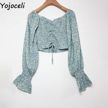 Yojoceli boho beach print blouses shirt women long sleeve ruffle short blouse tops female blusas