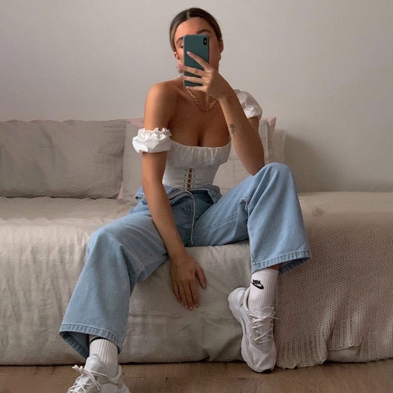 Cryptographic Off Shoulder Fashion Lace Up Shirts Blouse Blouse Women White Crop Tops Blouses Clothes Vintage Tie Front Tops