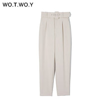 WOTWOY Elegant Formal High Waist Pants Women Skinny Office Lady Pencil Pants Women Pockets Sashes Ankle-Length Trousers Women
