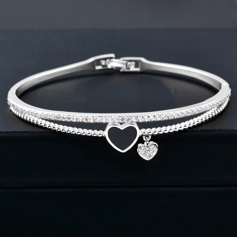 SINLEERY Romantic Black Heart Bangle Cuff For Women Gold Silver Color Crystal Heart Pendant Bracelets Women SL151 SSC