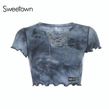 Sweetown Tie Dye Print Short Sleeve V-Neck Chain Women Crop Top Shirt Summer Streetwear Fashion Casual Knitted Female T-Shirt
