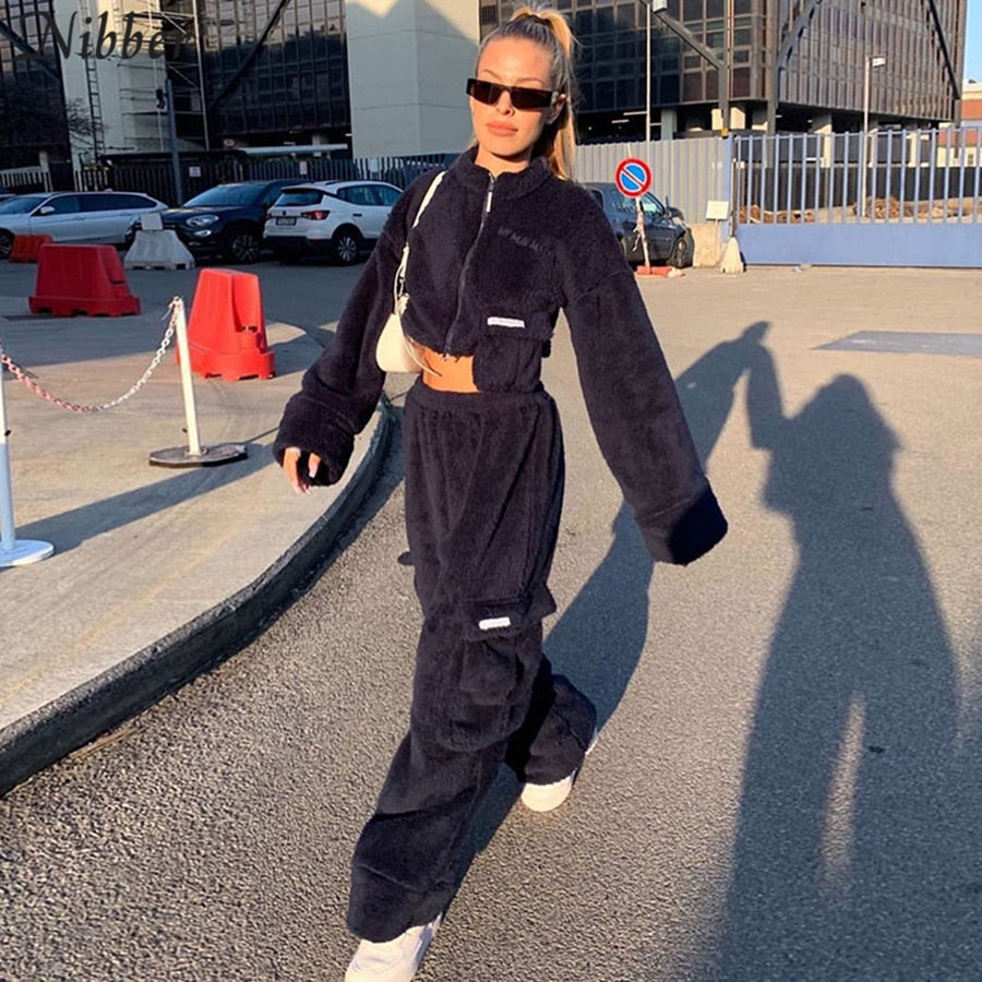Nibber Flannel Zipper Corp Tops Coat Cargo Pants Sets Womens Autumn Winter Y2K Overalls Jacket Suits Sportswear Pullover Female