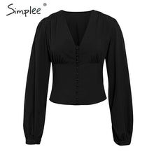 Simplee Lantern sleeve office ladies blouses V neck buttons slim women blouse shirts Chic autumn winter female black tops blusas
