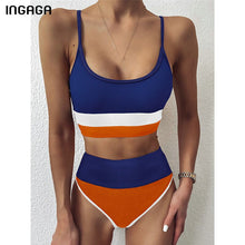 INGAGA High Waist Bikinis Swimwear Women Push Up Swimsuits Ribbed Splicing Bikini Set Bathing Suit Women 2021 Biquini Swim Suit