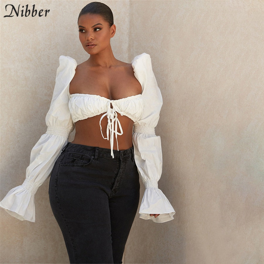 Nibber French Romantic Elegant Crop Tops For Women Sweet T-shirts Summer Street Casual Wear Female White Full Sleeve Tee 2021Top