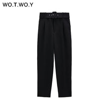 WOTWOY Elegant Formal High Waist Pants Women Skinny Office Lady Pencil Pants Women Pockets Sashes Ankle-Length Trousers Women