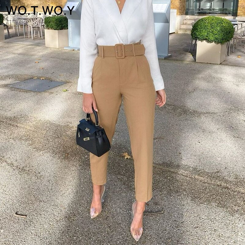 WOTWOY Elegant Formal High Waist Pants Women Skinny Office Lady Pencil Pants Women Pockets Sashes Ankle-Length Trousers Women