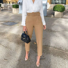 WOTWOY Elegant Formal High Waist Pants Women Skinny Office Lady Pencil Pants Women Pockets Sashes Ankle-Length Trousers Women