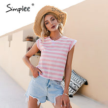 Simplee Casual stripe ruffled back lace up women t-shirts summer V-neck office lady cotton shirts female Elegant fashion top new