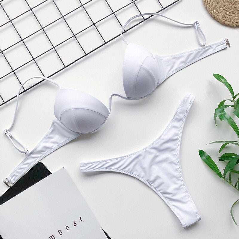 Bikini 2021 Summer Bandage Swimsuit Women Push Up Swimwear Padded Bra Bikini Set Solid Beach Wear Bathing Suit Brazilian Biquini