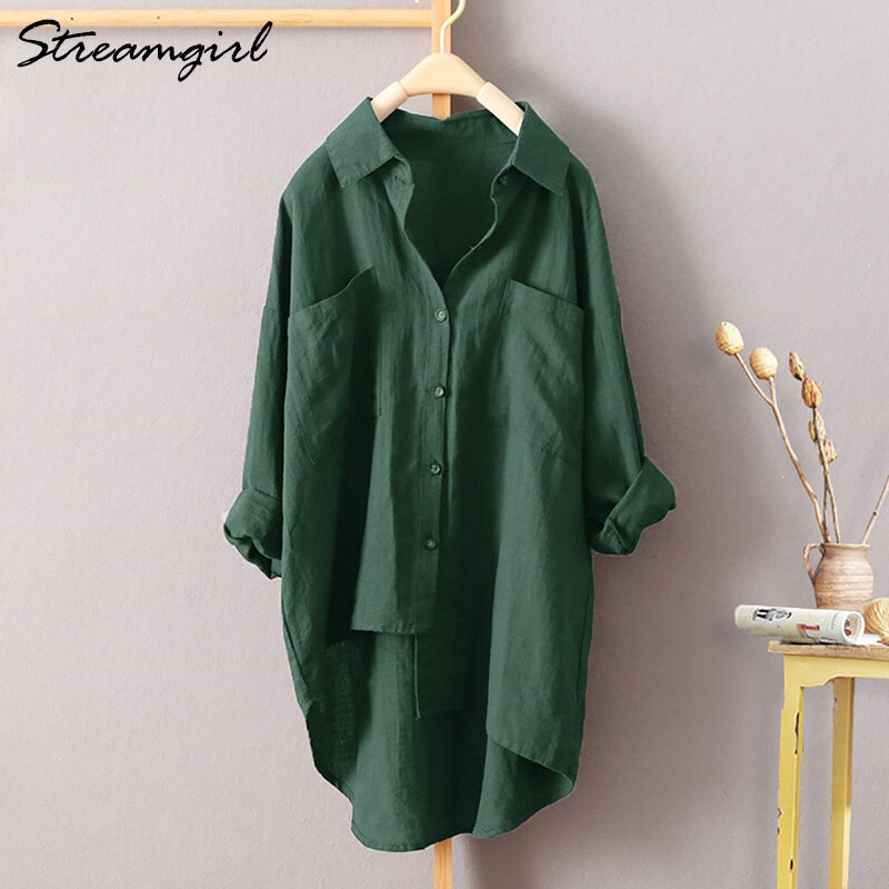 White Linen Shirt Women Long Sleeve Summer Work Wear White Shirt Linen Blouse Female Women's Blouse Women's Shirts With Pocket