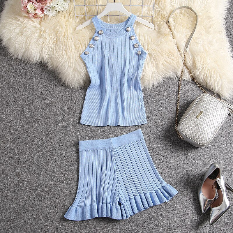 ALPHALMODA 2020 Summer Color Knit Top + Shorts Women 2pcs Lounge Wear Sets Popular Button Tank Top Shorts 2pcs Clothes Set