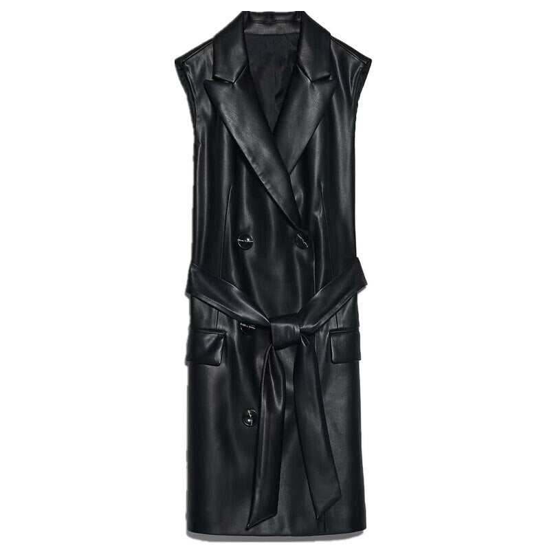 Women 2020 Vintage Fashion PU Faux Leather Waistcoat Double Breasted With Belt Pockets Female Outerwear Chic Tops