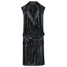 Women 2020 Vintage Fashion PU Faux Leather Waistcoat Double Breasted With Belt Pockets Female Outerwear Chic Tops