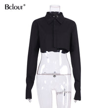 Bclout Casual Crop Top Women Blouses Fashion Turn Down Collar White Shirt Flare Sleeve Blouse Female Autumn Sexy Ladies Tops