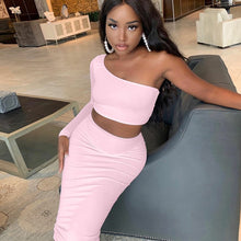 Hugcitar 2020 One-Shoulder Crop Top High Waist Skirt 2 Piece Set Autumn Winter Women Fashion Streetwear Outfits Tracksuit