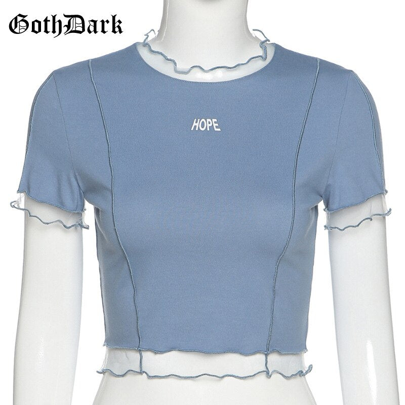 Goth Dark Gothic Hope T-shirts Black Or Blue Ruffles Hem O-neck Bodycon Casaul Women Summer Wear Letter Print Front Crop Tops