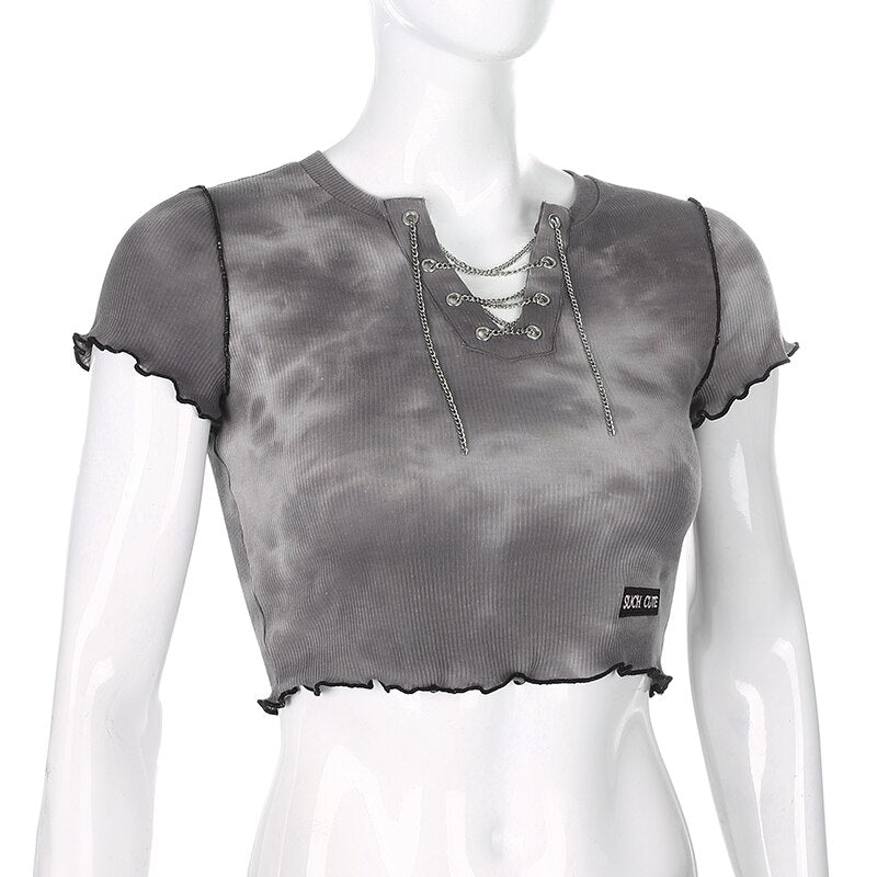 Sweetown Tie Dye Print Short Sleeve V-Neck Chain Women Crop Top Shirt Summer Streetwear Fashion Casual Knitted Female T-Shirt