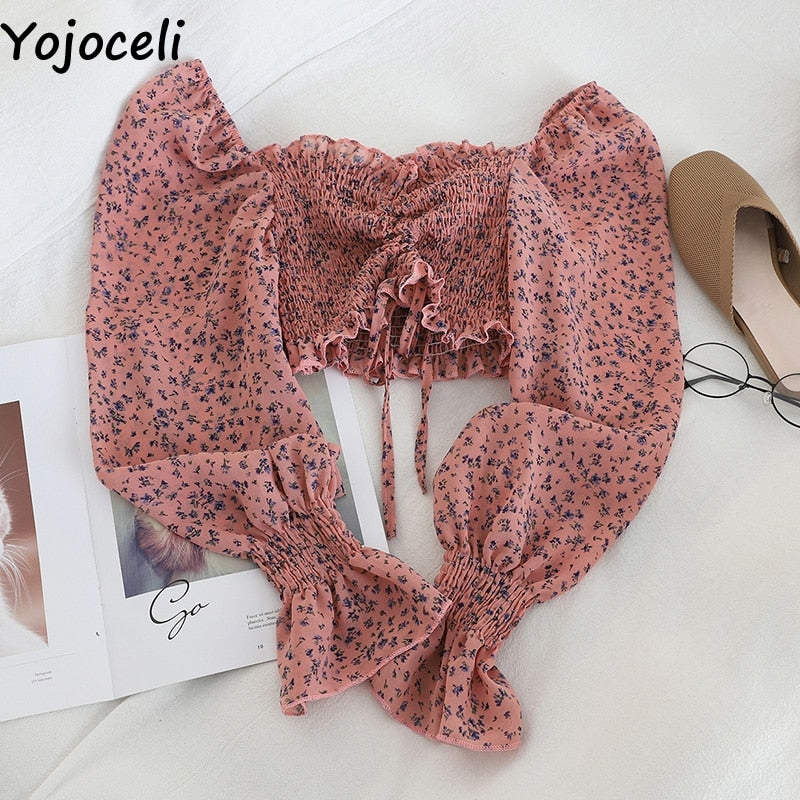 Yojoceli boho beach print blouses shirt women long sleeve ruffle short blouse tops female blusas