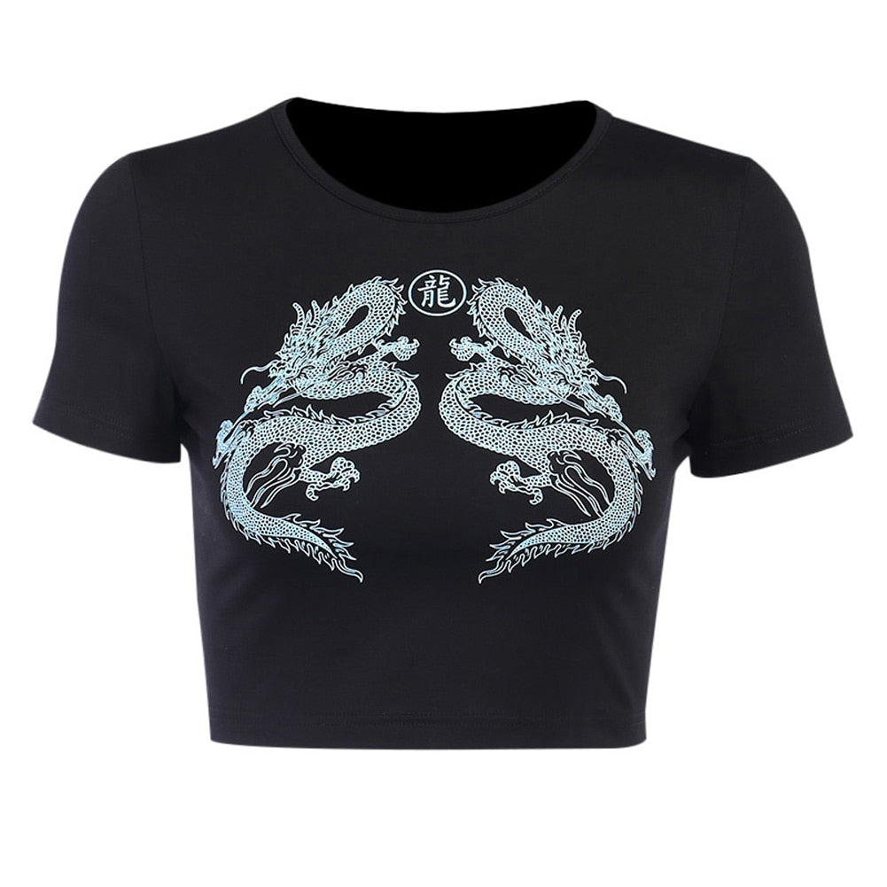Women Short Sleeve Dragon Print T-shirt Summer Fashion Crop Top for Shopping Daily Wear