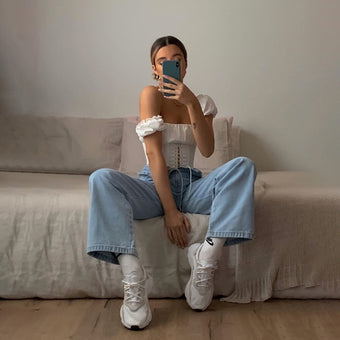 Cryptographic Off Shoulder Fashion Lace Up Shirts Blouse Blouse Women White Crop Tops Blouses Clothes Vintage Tie Front Tops