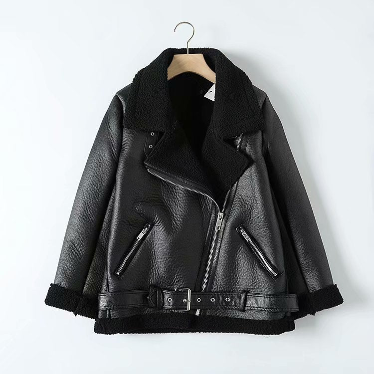 Tangada Women beige fur faux leather jacket coat with belt turn down collar Ladies 2019 Winter Thick Warm Oversized Coat 5B01