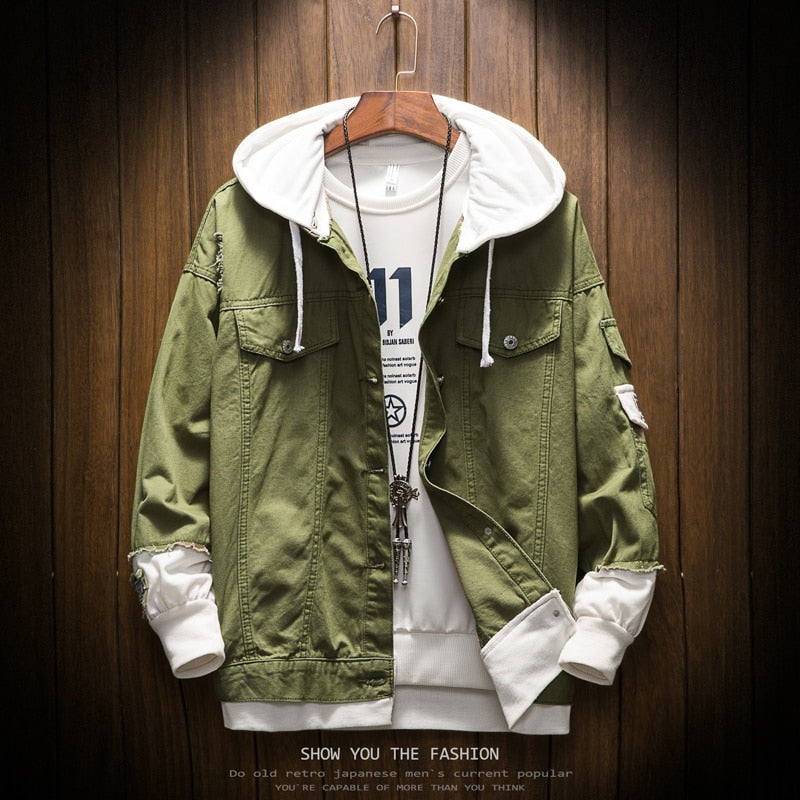 Men Hooded Denim Jackets Jean Coats New Spring Autumn Men Holes Casual Denim Coats And Jackets Loose Jean Jackets Size 4XL