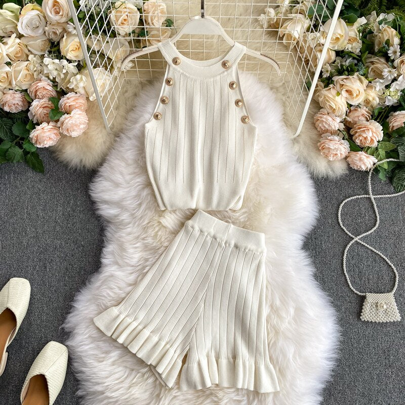 ALPHALMODA 2020 Summer Color Knit Top + Shorts Women 2pcs Lounge Wear Sets Popular Button Tank Top Shorts 2pcs Clothes Set