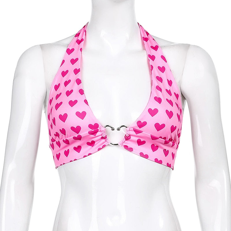 Sweetown Pink Heart Print Cute Bustier Crop Top Women Y2K Aesthetic Kawaii Clothes Sleeveless Backless Lace Up Bralette Camisole