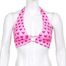 Sweetown Pink Heart Print Cute Bustier Crop Top Women Y2K Aesthetic Kawaii Clothes Sleeveless Backless Lace Up Bralette Camisole