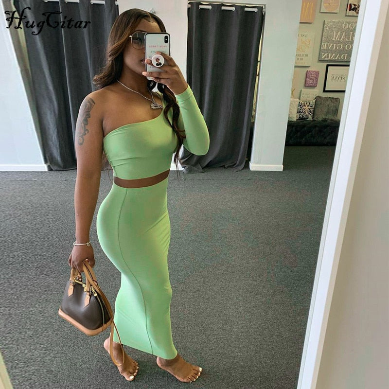 Hugcitar 2020 One-Shoulder Crop Top High Waist Skirt 2 Piece Set Autumn Winter Women Fashion Streetwear Outfits Tracksuit