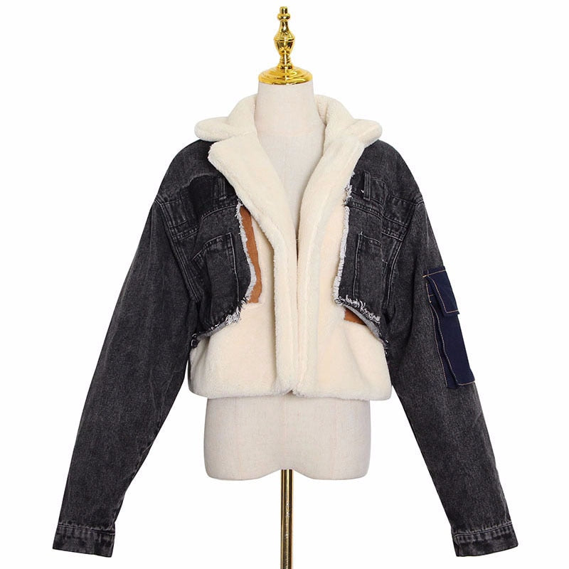 TWOTWINSTYLE Patchowrk Lambswool Denim Jacket For Women Lapel Long Sleeve Tassel Casual Coat Female 2020 Winter Fashion New Tide