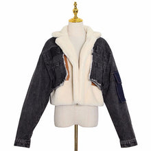 TWOTWINSTYLE Patchowrk Lambswool Denim Jacket For Women Lapel Long Sleeve Tassel Casual Coat Female 2020 Winter Fashion New Tide