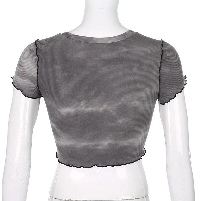 Sweetown Tie Dye Print Short Sleeve V-Neck Chain Women Crop Top Shirt Summer Streetwear Fashion Casual Knitted Female T-Shirt