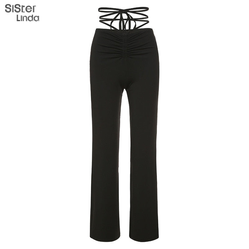 Sisterlinda Spring Fashion High Waist Straight Pant Women Casual Street Bandage Trousers Ladies Party Clubwear Pant Outfits 2021