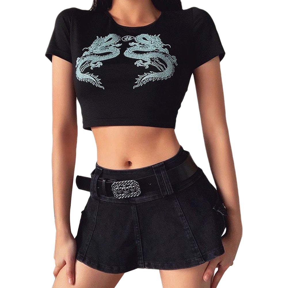 Women Short Sleeve Dragon Print T-shirt Summer Fashion Crop Top for Shopping Daily Wear