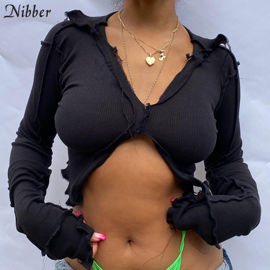 Nibber Autumn Patchwork Broken Design Mesh Crop Top For Women Sexy Punk Style Long Sleeve T-shirt Street Casual Wear Tees Female