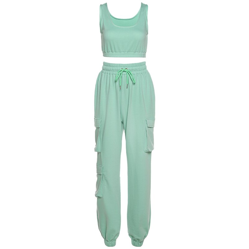 Solid Sports Wear 2 Piece Women Set Summer Casual Crop Top and Pants Set Tracksuit Female Two Piece Set 2020 Autum Clothes Suits
