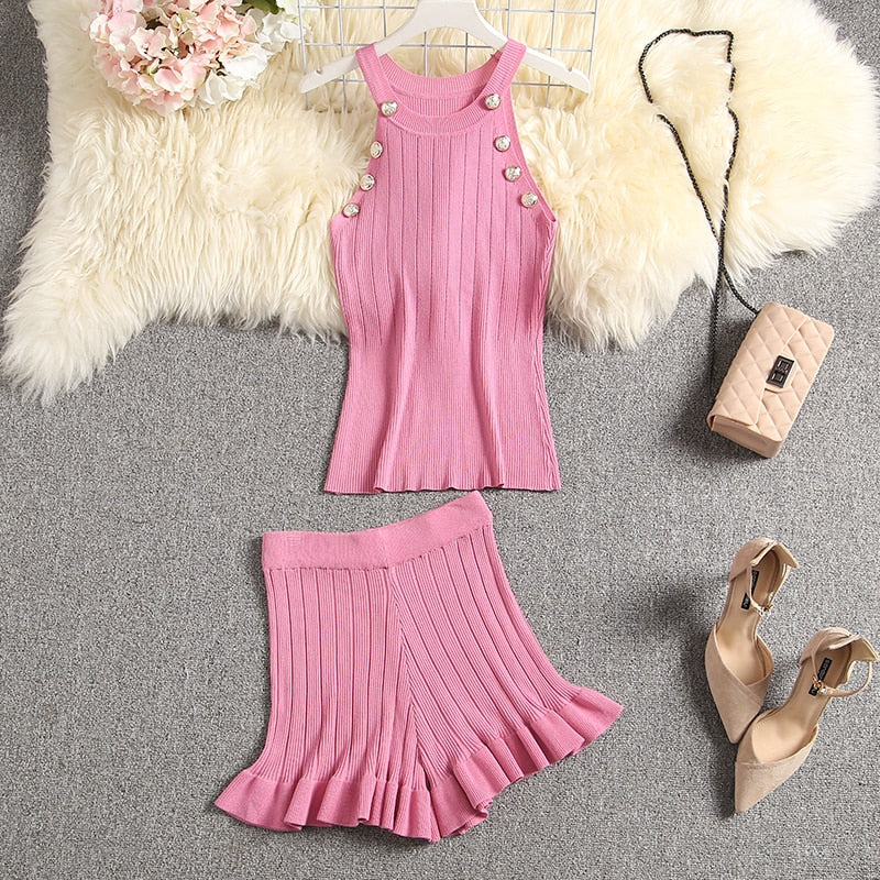 ALPHALMODA 2020 Summer Color Knit Top + Shorts Women 2pcs Lounge Wear Sets Popular Button Tank Top Shorts 2pcs Clothes Set