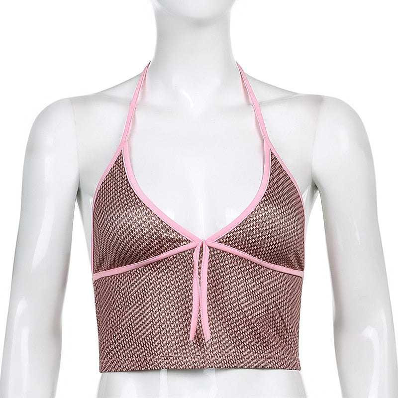 Sweetown Pink Heart Print Cute Bustier Crop Top Women Y2K Aesthetic Kawaii Clothes Sleeveless Backless Lace Up Bralette Camisole